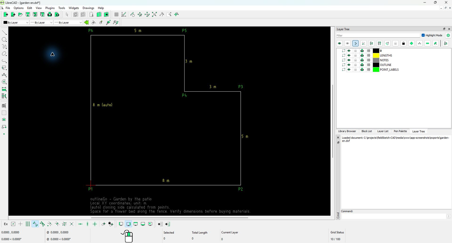 An outlineGo DXF actually opened in LibreCAD 2.2.1.5