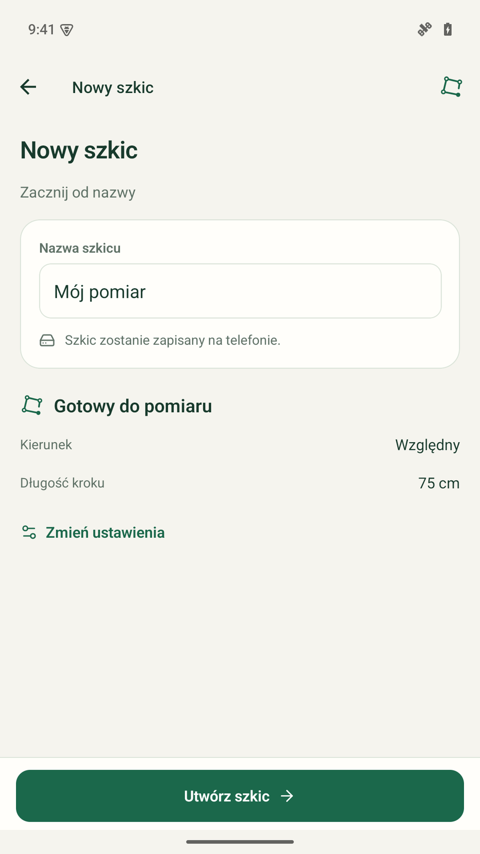 Formularz nowego szkicu z nazwą i ustawieniami kierunku