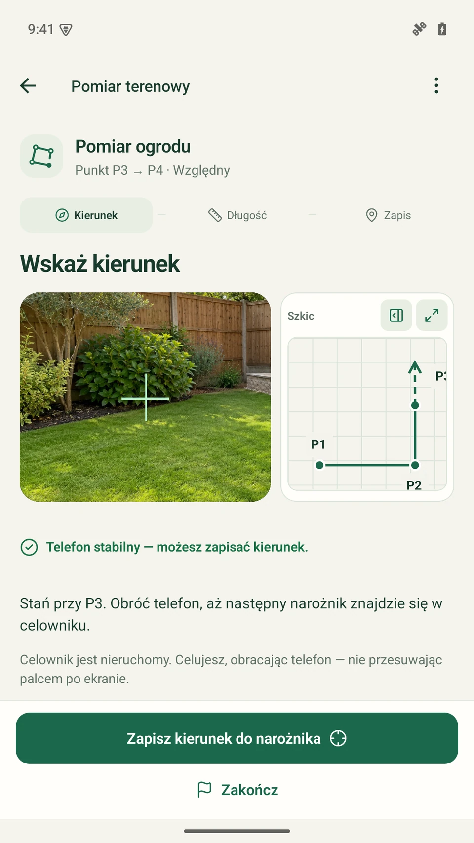 Celownik i gotowość zapisu kierunku do narożnika