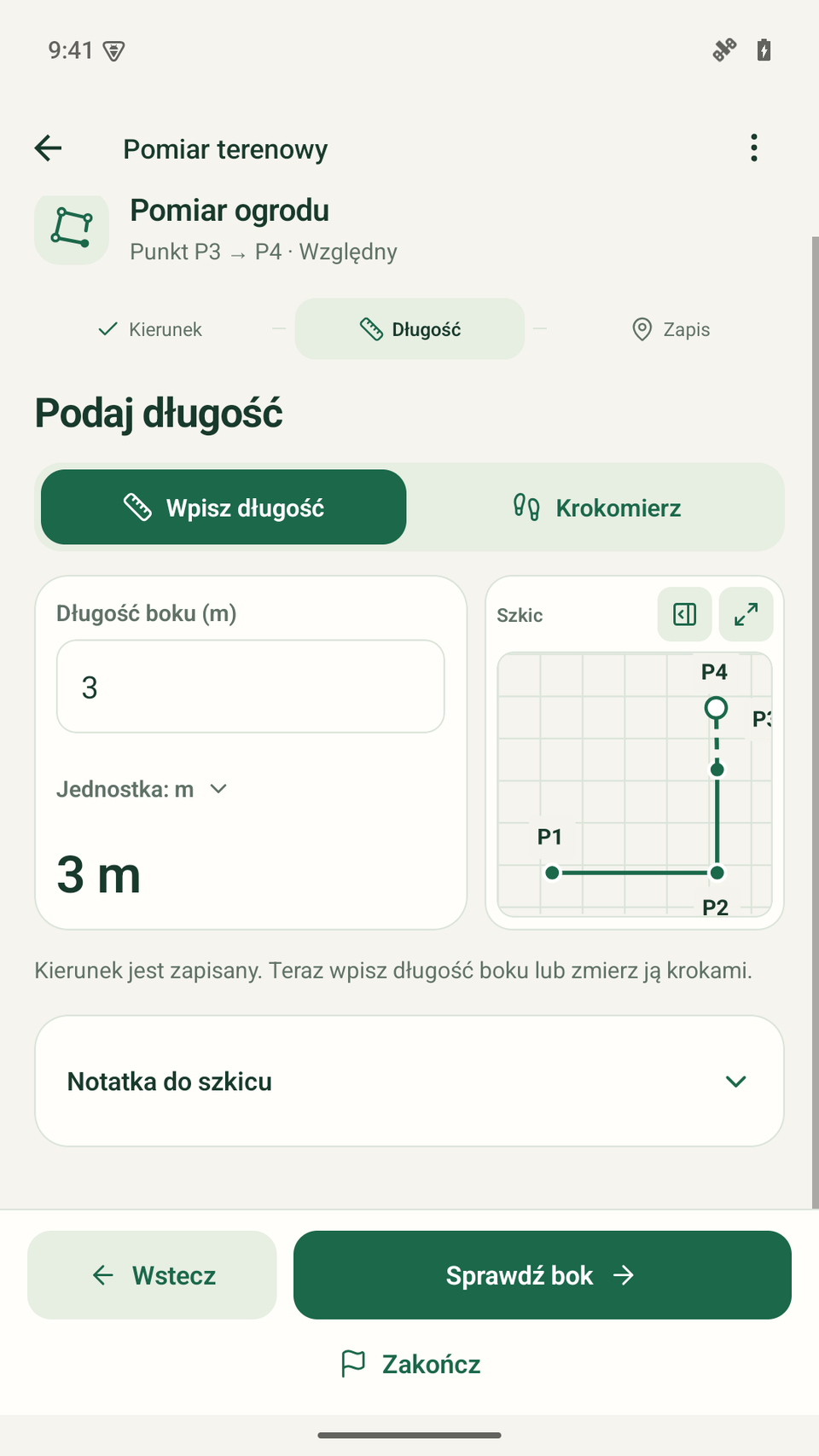 Ręczne wpisywanie długości boku 3 m