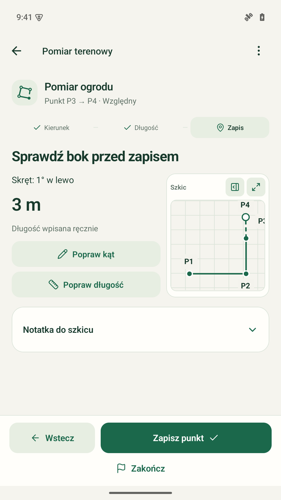 Sprawdzenie boku przed zapisaniem punktu