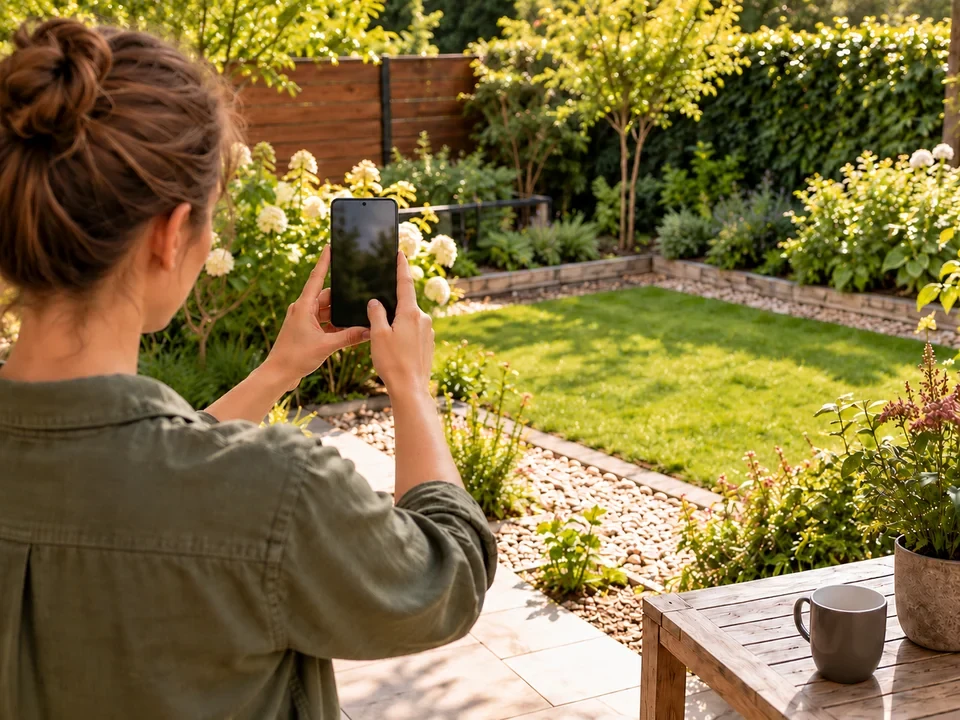 Illustration of a person using an upright phone in a garden