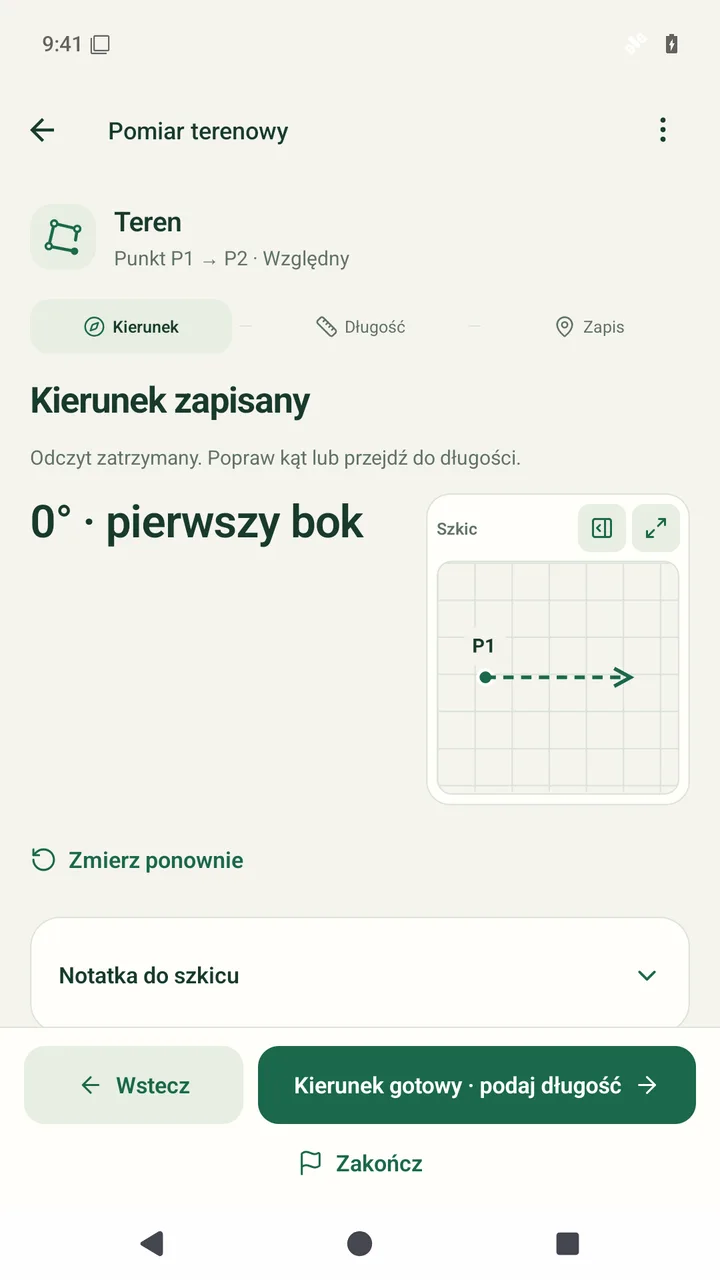 Rzeczywisty ekran zapisanego kierunku z celownikiem kamery; dane symulowane