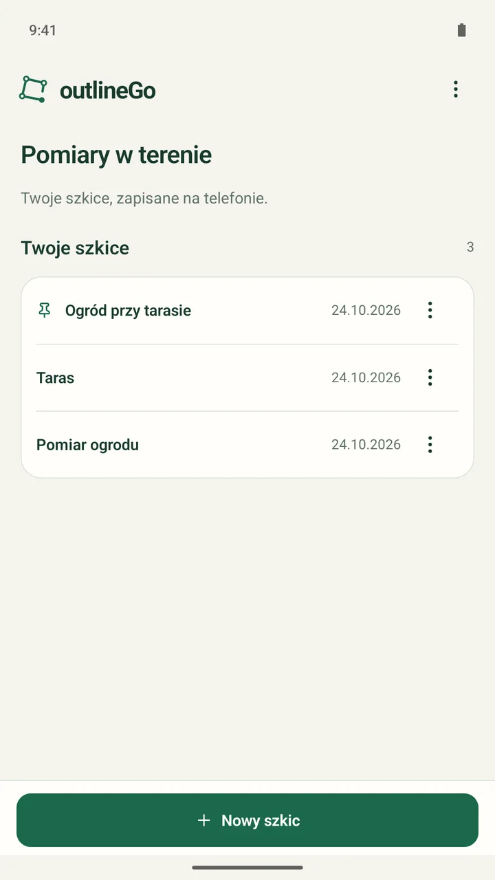 Lista przykładowych zapisanych szkiców w outlineGo