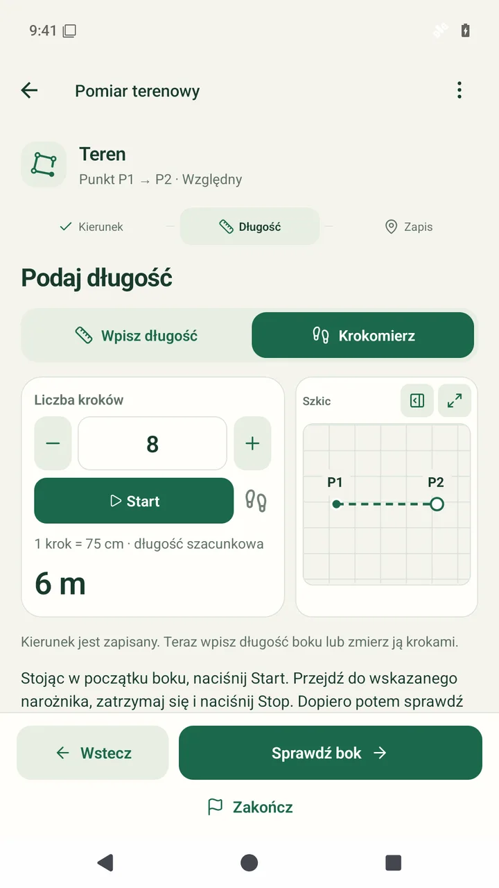 Rzeczywisty ekran krokomierza po Stop; symulowane 8 kroków